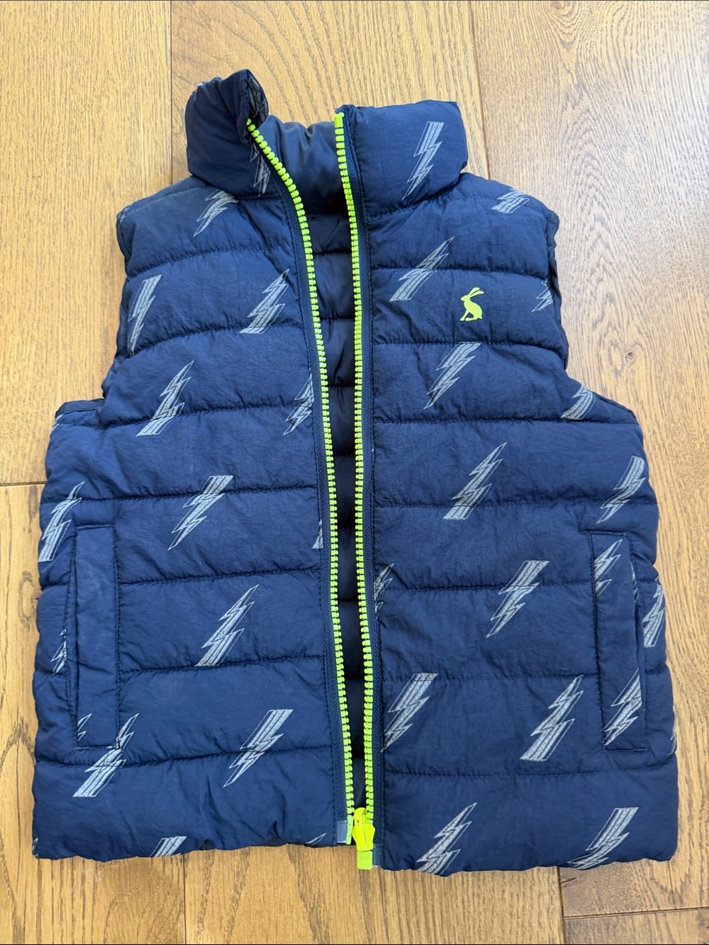 Joules Kids Navy Puffer Vest with Lightning Print - Lime Trim- size 3t